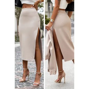 Dámská móda Přiléhavá sexy sukně s rozparkem Shari Barva: Béžová, Velikost: XS/S