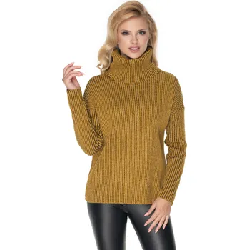 Žebrovaný svetr s rolákem 40031 Barva: Světle Hnědá, Velikost: ONE SIZE