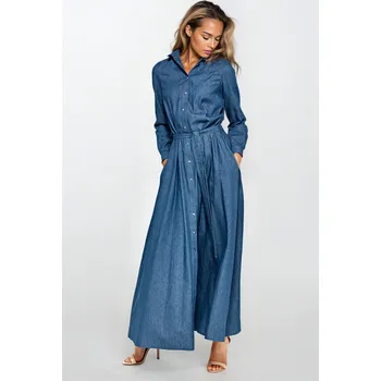 Dámské šaty žínové maxi šaty s dlouhým rukávem S249 Barva: Džínová, Velikost: XL