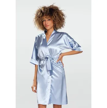 Dámské noční prádlo Dámský saténový župan midi s páskem Barva: Světle Modrá, Velikost: XS