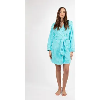 Dámské noční prádlo Krátký plyšový župan s kapucí a páskem DIANA Barva: Tyrkysová, Velikost: M