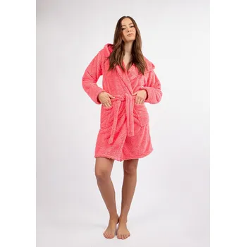 Dámský župan Krátký plyšový župan s kapucí a páskem DIANA Barva: Korálová, Velikost: L