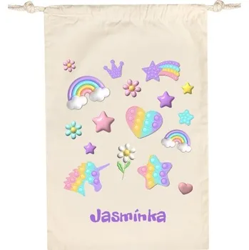Školní sáček Bavlněný pytlík s potiskem Pop it s jednorožcem hvězdou s upravitelným jménem