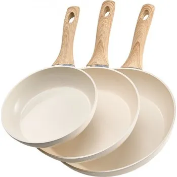 Pánev Pánev VEVOR, hliníkové pánve na vejce, 3 ks (200, 240, 280 mm), keramické pánve z odolného keramiky s tepelně odolnou rukojetí, kuchyňské nádobí pro plyn, elektřinu, indukci, béžové