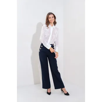 Dámské kalhoty Elegantní kalhoty wide-leg s knoflíky Onado H3031 barva: modrá tmavá, velikost: M