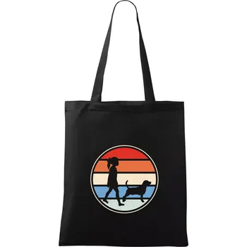 Nákupní taška Retro kruh - dívka a pes na procházce - Taška bavlněná - 42 x 38 cm ( Černá )