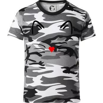 Chlapecké tričko Kočka - srdce místo nosu - Dětské maskáčové triko - 146 cm/10 let ( Šedý maskáč )