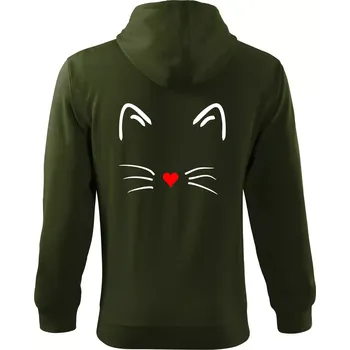 Pánská mikina Kočka - srdce místo nosu - Mikina s kapucí na zip trendy zipper - XL ( Military )