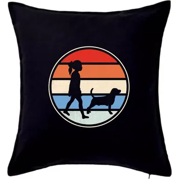 Polštář Retro kruh - dívka a pes na procházce - Polštář 50x50 - 50x50 - Pouze potah ( Černá )