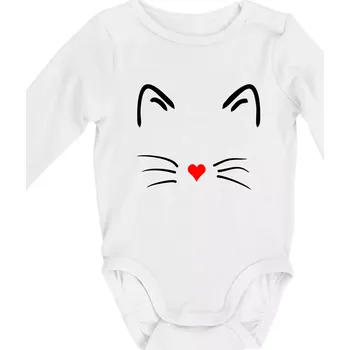 Kojenecké oblečení Kočka - srdce místo nosu - Body kojenecké s dlouhým rukávem - Dlouhý r. 6-12 měs ( Bílá )