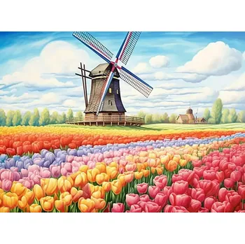 Diamantové malování Diamantové malování/Huacan - Větrný mlýn a tulipánové pole