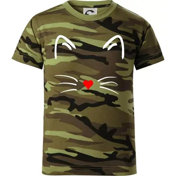 Chlapecké tričko Kočka - srdce místo nosu - Dětské maskáčové triko - 134 cm/8 let ( Zelený maskáč )