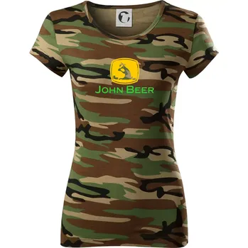 Dámské tričko John Beer jelen s pivem - Dámské maskáčové triko - M ( Hnědý maskáč )