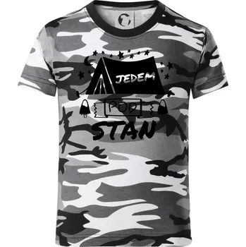 Chlapecké tričko Jedem pod stan - Dětské maskáčové triko - 104-110cm / 3-4 roky ( Šedý maskáč )