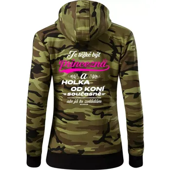 Dámská mikina Je těžké být princezna a holka od koní - Dámská mikina trendy zipper s kapucí - S ( Zelený maskáč )
