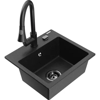 Granitový dřez MEXEN/S - Milo granitový dřez 1-miska včetně baterie Elia, černá/stříbrná metalik 6505-73-670101-70-B