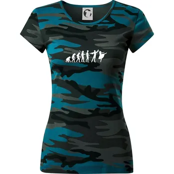 Evoluce tanec - muž a žena se sukní - Dámské maskáčové triko - M ( Petrolejová maskáč )