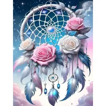 Diamantové malování Diamantové malování/Huacan - Bílý lapač snů s růžičkami