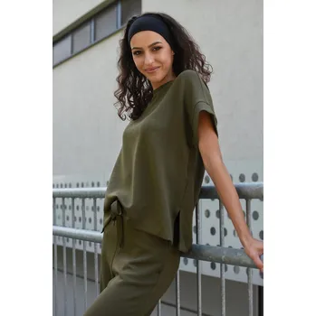 Dámské tričko VOLNÉ KHAKI TRIČKO S ROZPARKY Vero Moda