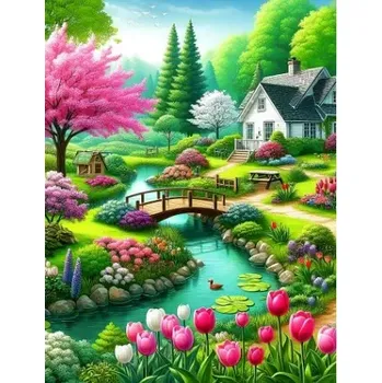 Diamantové malování Diamantové malování/Huacan - Domek v rozkvetlé zahradě s potůčkem