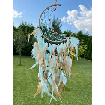 Lapač snů Magieprirody.cz Lapač snů ve tvaru měsíce s tyrkysovým peřím #ZB381