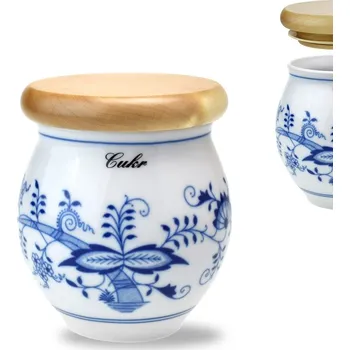 Dóza na potraviny Český porcelán, Dubí Dóza Baňák 400 ml se dřevěným víčkem "Cukr" cibulák II.jakost