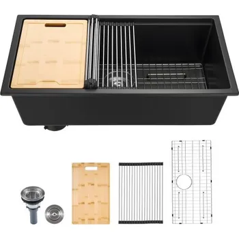 Nerezový dřez Pracovní stanice VEVOR s kuchyňským dřezem 84 cm, podstavný žulový dřez, vestavné jednodřezové umyvadlo ve venkovském stylu s mnoha doplňky, dřezy do myčky nádobí pro karavany, přípravné kuchyně a bary (černá)