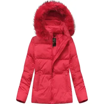 Dámská cargo bunda Červená krátká zimní prošívaná bunda s kapucí a kožešinou, odstíny červené M (38) i392_14074-47