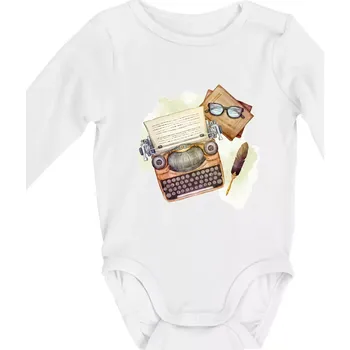 Knihy a psací stroj - Body kojenecké s dlouhým rukávem - Dlouhý r. 3-6 měs ( Bílá )