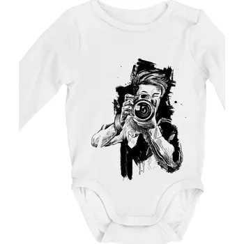 Kojenecký body Fotograf kreslený tužkou - Body kojenecké s dlouhým rukávem - Dlouhý r. do 3 měs ( Bílá )