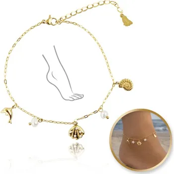 Náramek Flamenco Mystique Náramek na nohy z chirurgické oceli pozlacený 14k zlatem s perleťovými mušlemi - BST1562