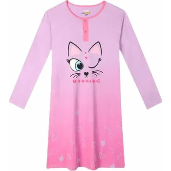 Dětská móda KUGO DÍVČÍ NOČNÍ KOŠILE S KOČKOU A DLOUHÝM RUKÁVEM VELIKOSTI 134-164 Fialková 158