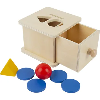 Dřevěná hračka ADENA MONTESSORI Box na vhazování tří tvarů se šuplíkem