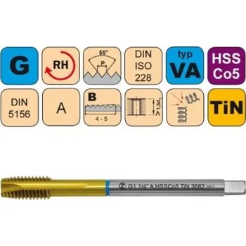 Závitořezný nástroj Závitník strojní G3/8" A HSSCo5 TiN DIN 5156 B