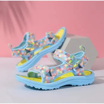 Dětská sálová obuv Dívčí sportovní kostičkované sandále s motýlkem Barva: Žlutá, Velikost EUR: 35