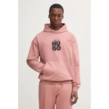 Pánská mikina Bavlněná mikina HUGO pánská, růžová barva, s kapucí, s potiskem, 50530428 39X, vel. XXL