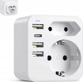CESTOVNÍ ADAPTÉR EU na US, 6 v 1, ZÁSUVKA SE 3 USB PORTY A 1 USB-C PORTEM