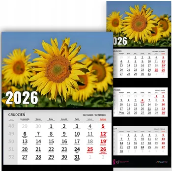 Kalendář Trojdílný nástěnný kalendář 2026 - Kancelářský, příroda, slunečnice, různé vzory