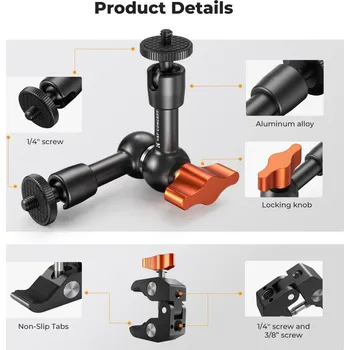 K&F CONCEPT 6-inch Adjustable Magic Arm with Super Clamp, 1/4" & 3/8" Threads, 1/4" Screws for Flash