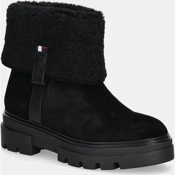 Dámské kozačky Semišové boty Tommy Hilfiger FAUX FUR SUEDE ROLL-DOWN BOOT černá barva, na plochém podpatku, zateplené, FW0FW08158 99X, EUR 37