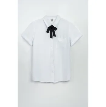 Reporter Young | Dívčí bílá košile s krátkým rukávem a černou sametovou ozdobou - Barva BÍLÁ, Velikost 170 243-0330G-03-200-1