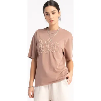 Reporter Young | Dívčí tmavě béžové oversize tričko s aplikací NO - Barva BÉŽOVÁ, Velikost 158 251-0440G-56-250-1