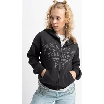 Dívčí mikina Reporter Young | Dívčí černá zateplená mikina s kapucí a potiskem z kamínků s nápisem „resilience god“ - Barva ČERNÁ, Velikost 170 243-0555G-13-190-1