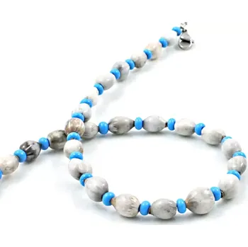 Náhrdelník Přírodní korále ze slzovky s modrým rokajlem