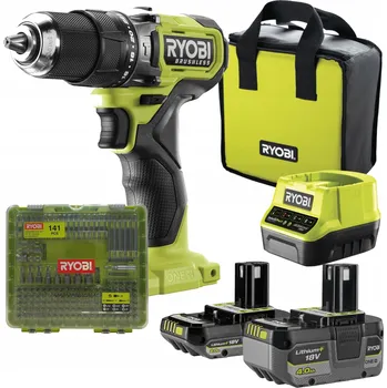 Vrtačka RYOBI AKU VRTAČKA + Nabíječka + 4Ah + 2Ah + Sada bitů 141 ks