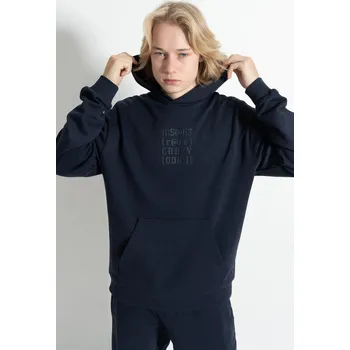 Chlapecká mikina Reporter Young | Chlapecká tmavě modrá mikina s kapucí a potiskem ‚INSANE/CRAZY‘ na hrudi - Barva TMAVĚ MODRÁ, Velikost 170 243-0551B-13-480-1