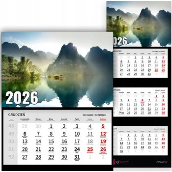 Kalendář Nástěnný Trojdílný Kalendář 2026 Závěsný Kancelářský Příroda Jezero Vzory