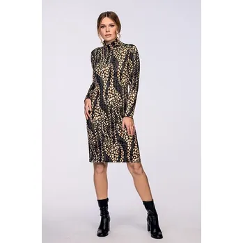 Dámské šaty Kratší hnědo béžové dámské šaty se stojáčkem a dlouhými rukávy 7077 velikost 3XL