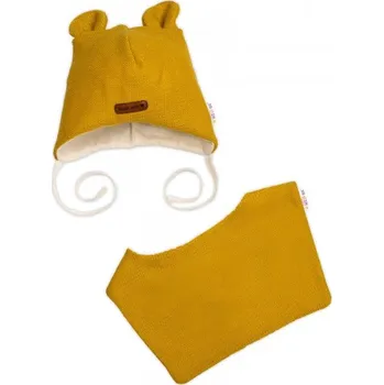 Čepice Pletená čepice s bavlněnou podšívkou a šátkem 2v1, Teddy Hand made - hořčicová, Velikost koj. oblečení 56/62 (0-3m)