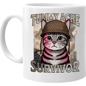 Žertovný předmět Tummy ache survivor - kočičí voják - hrnek s potiskem- Tričkový.cz